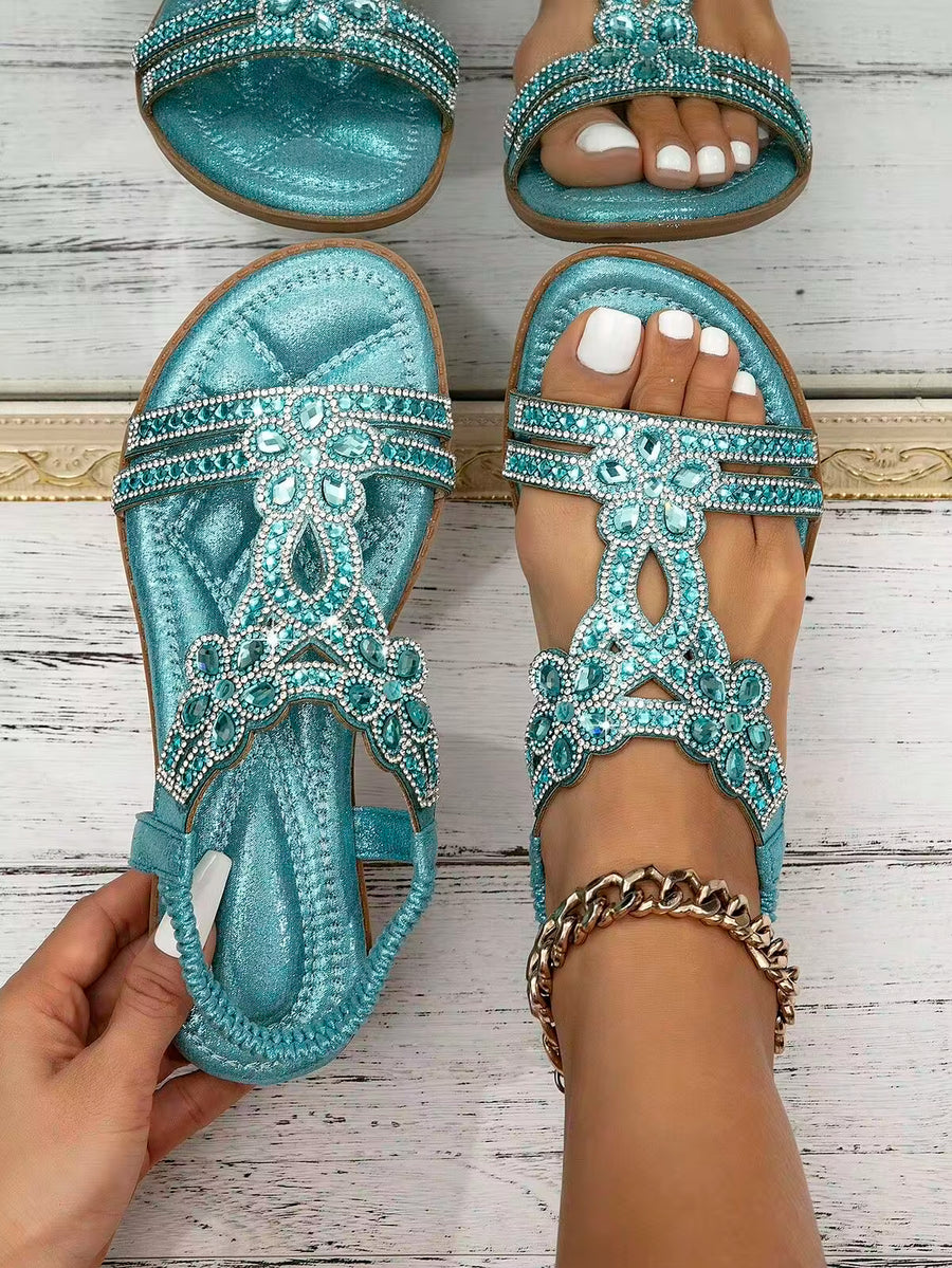 Flat Comfortable Round Toe Sandals For Women Plus Size 46-45-44, Fashionable, Versatile, And Easy To Wear With Rhinestone Embellishments