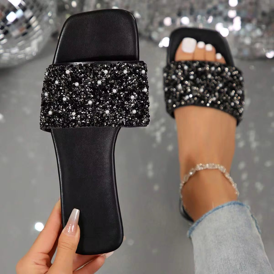 Women's Fashion Rhinestone Slide Sandals Open Summer Dressy Slippers Square Toe Slip On Flat Sandals