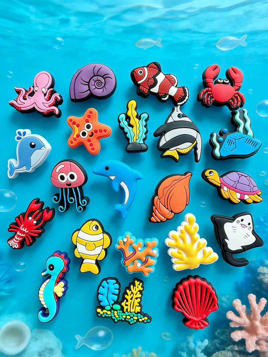 21pcs Ocean Creature Shoe Charms, Colorful Durable PVC Detachable, Starfish Turtle Crab Fun Patterns, Vibrant Colors DIY Accessories, Fit Shoes Bags Clogs, Beach Party Birthday Gift