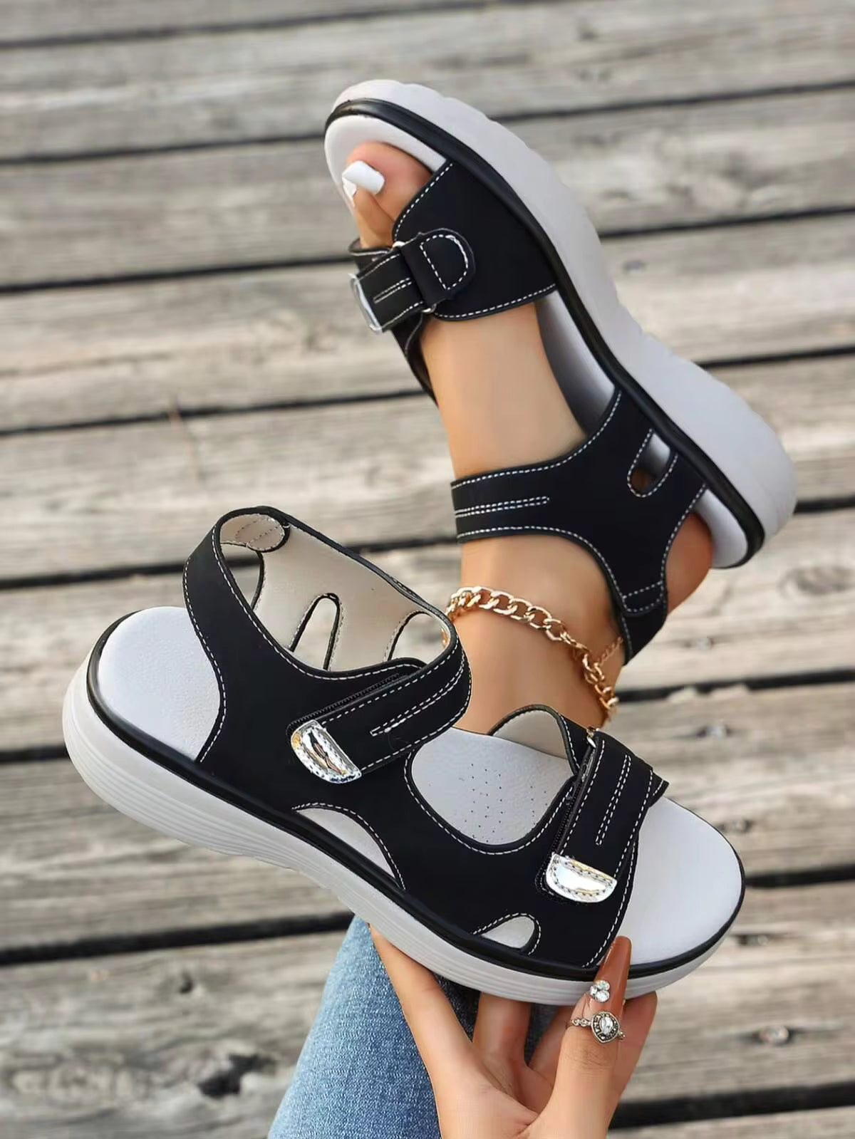 Women's Outdoor Sandals, Colorblock Woven Strap, Hook And Loop Closure, Massage Footbed, Dual-Color Non-Slip Durable Outsole, Sports Sandals