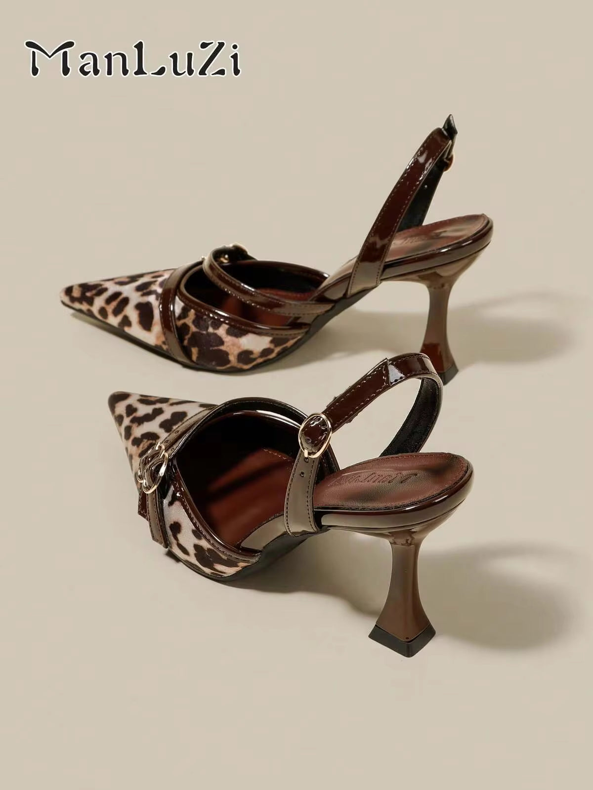 ManLuZi Women's Brown Patent Leather High Heel Pumps With Wine Glass Heel, Pointed Toe, Closed Toe, Elegant Formal Fashion Party Sexy Office Slingback High Heels