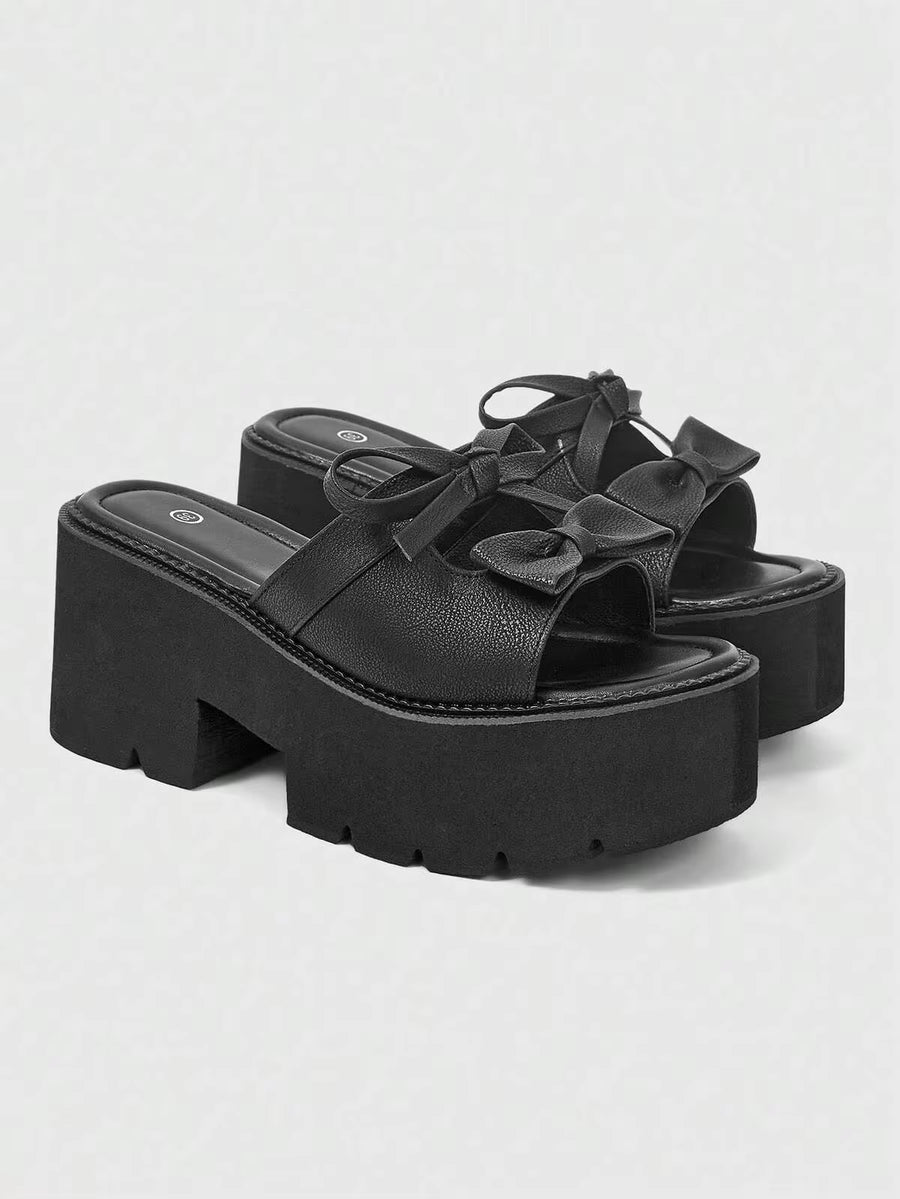 ROMWE Women's Fashion Wedge Heel Platform Sandals, Punk Style Gothic Double Bow Platform Slip-On, Spring, Summer And Autumn Nightclub Party Festival Women's Shoes